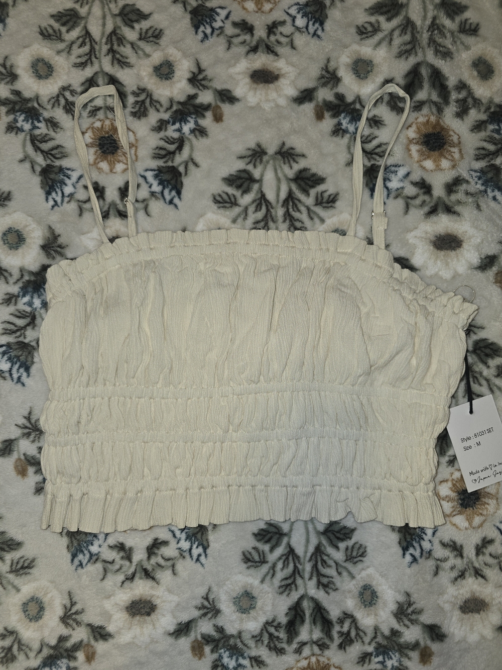 Japna Cream Smocked Cropped Tank Top